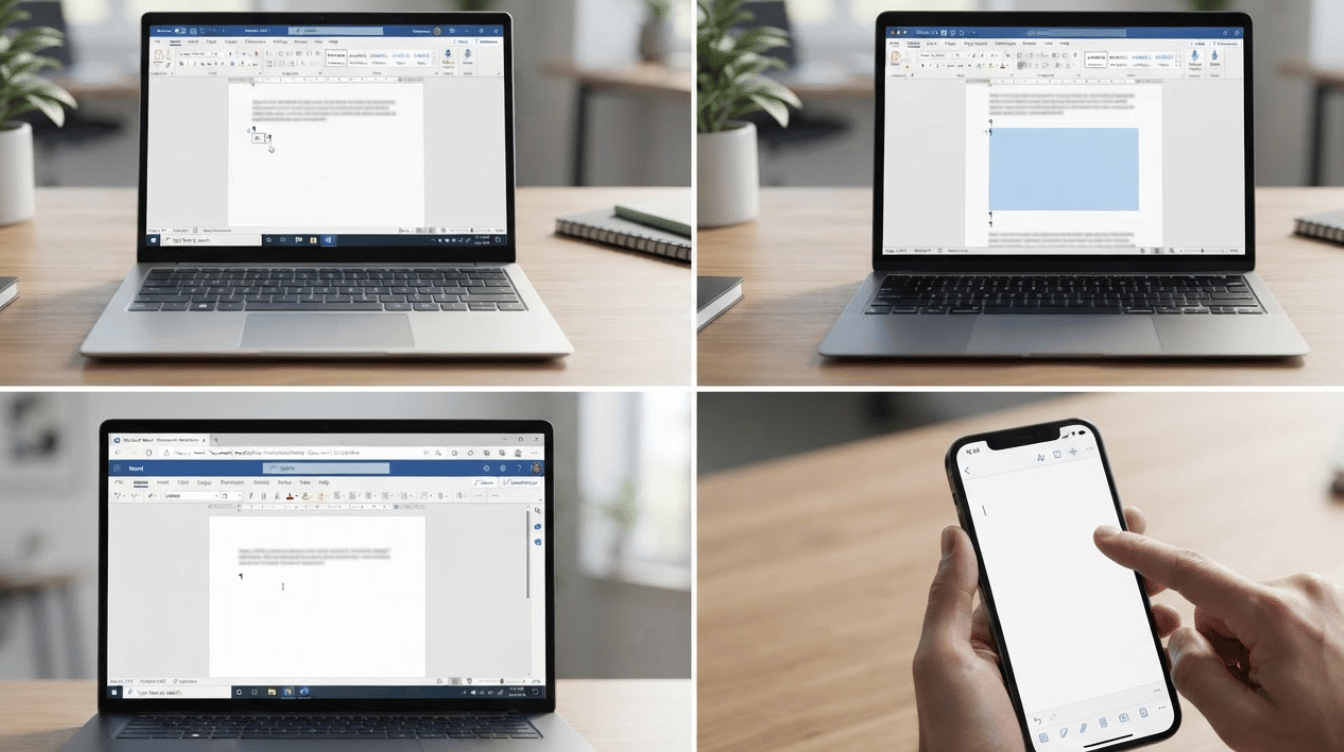 microsoft word document open on multiple devices showing page deletion steps across windows, mac, and mobile phone