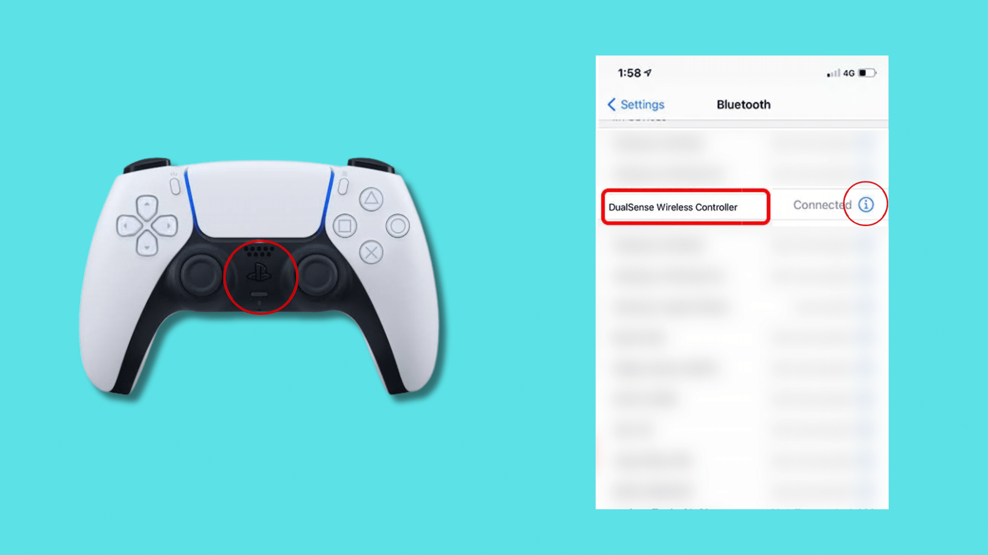 ps5 dualsense controller connected to iphone bluetooth settings showing paired device screen for switching connections