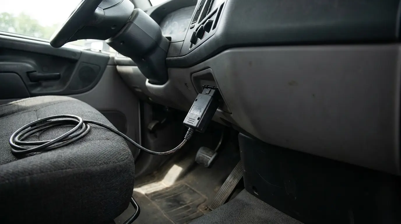 Diagnostic tool plugged into a car's OBD-II port under the dashboard