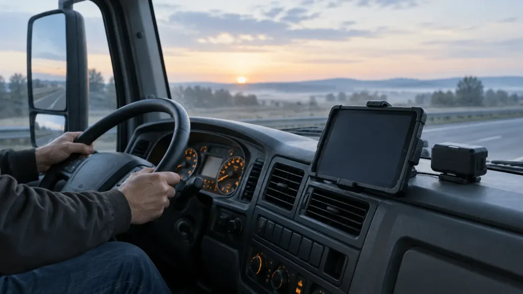 Trucker driving during sunrise, dashboard with mounted tablet and highway view