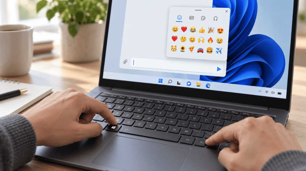 hands use a windows laptop keyboard while the emoji panel opens beside a blank message field on screen