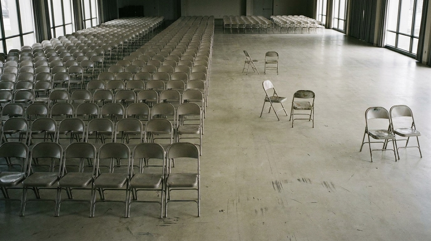 Rows of empty metal chairs in a large, bright auditorium