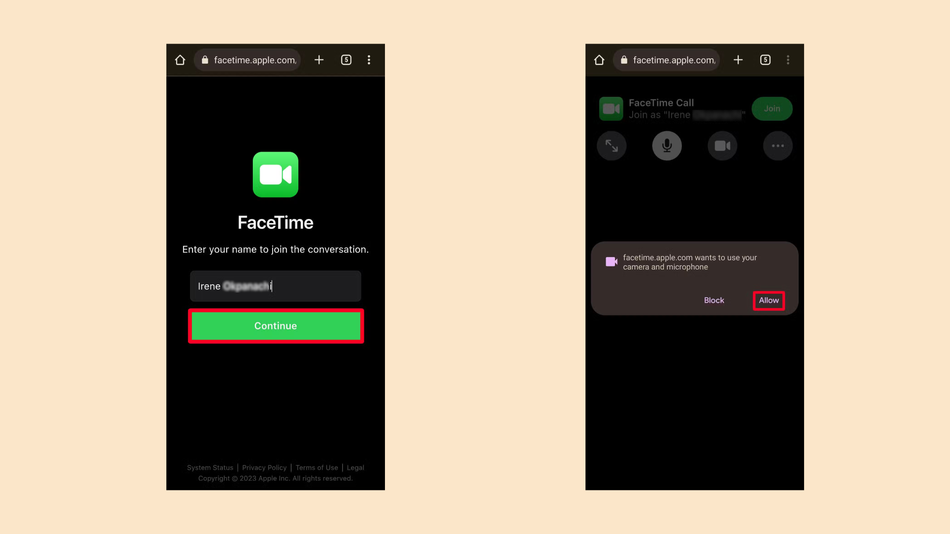 FaceTime setup screen showing a name field, continue button, and camera and microphone permission prompt