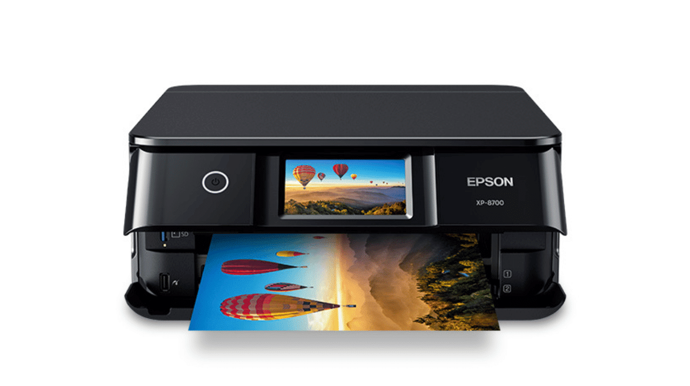 epson expression photo xp 8700 printer producing a colorful landscape photo with touchscreen display visible