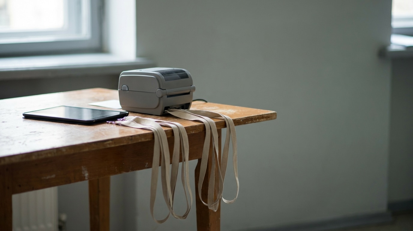 Label printer on wooden table with tablet and ribbon streams in quiet office setting