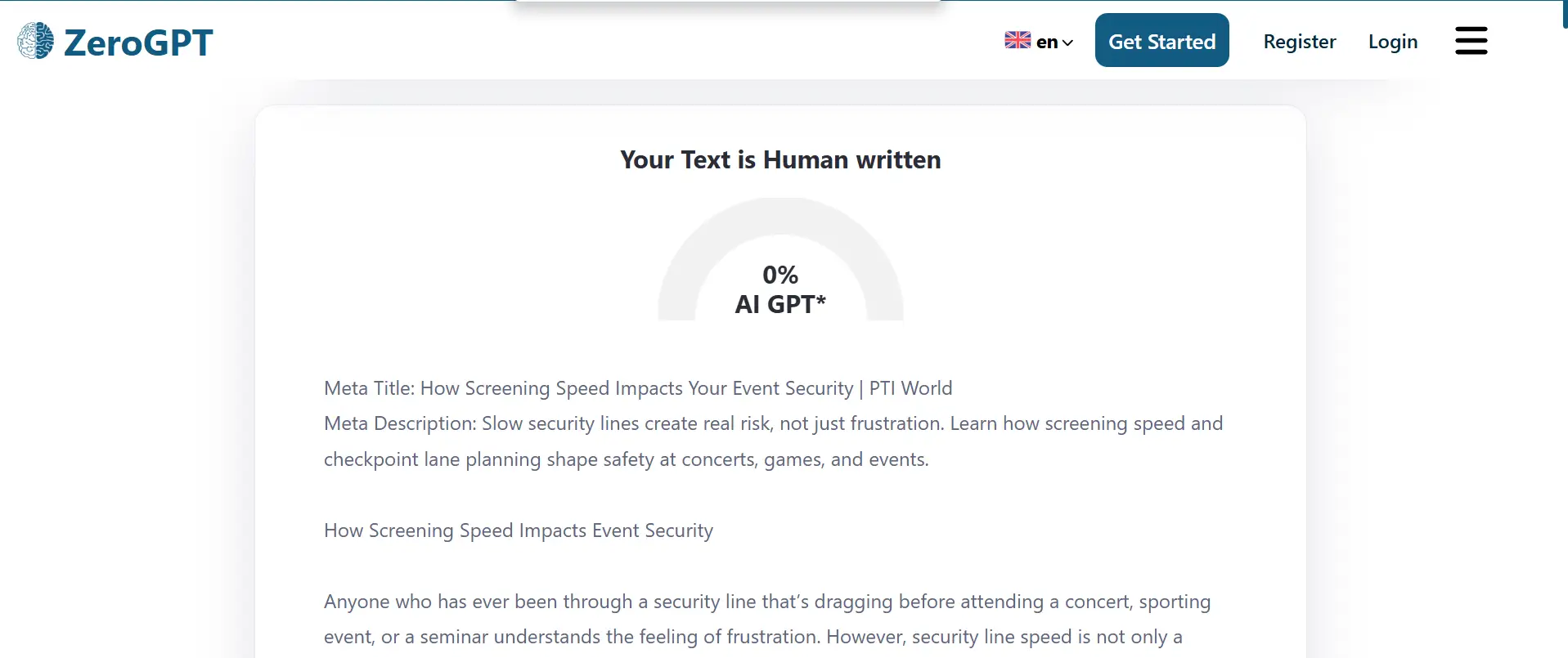 Web page displaying text with results and information from a content detection tool