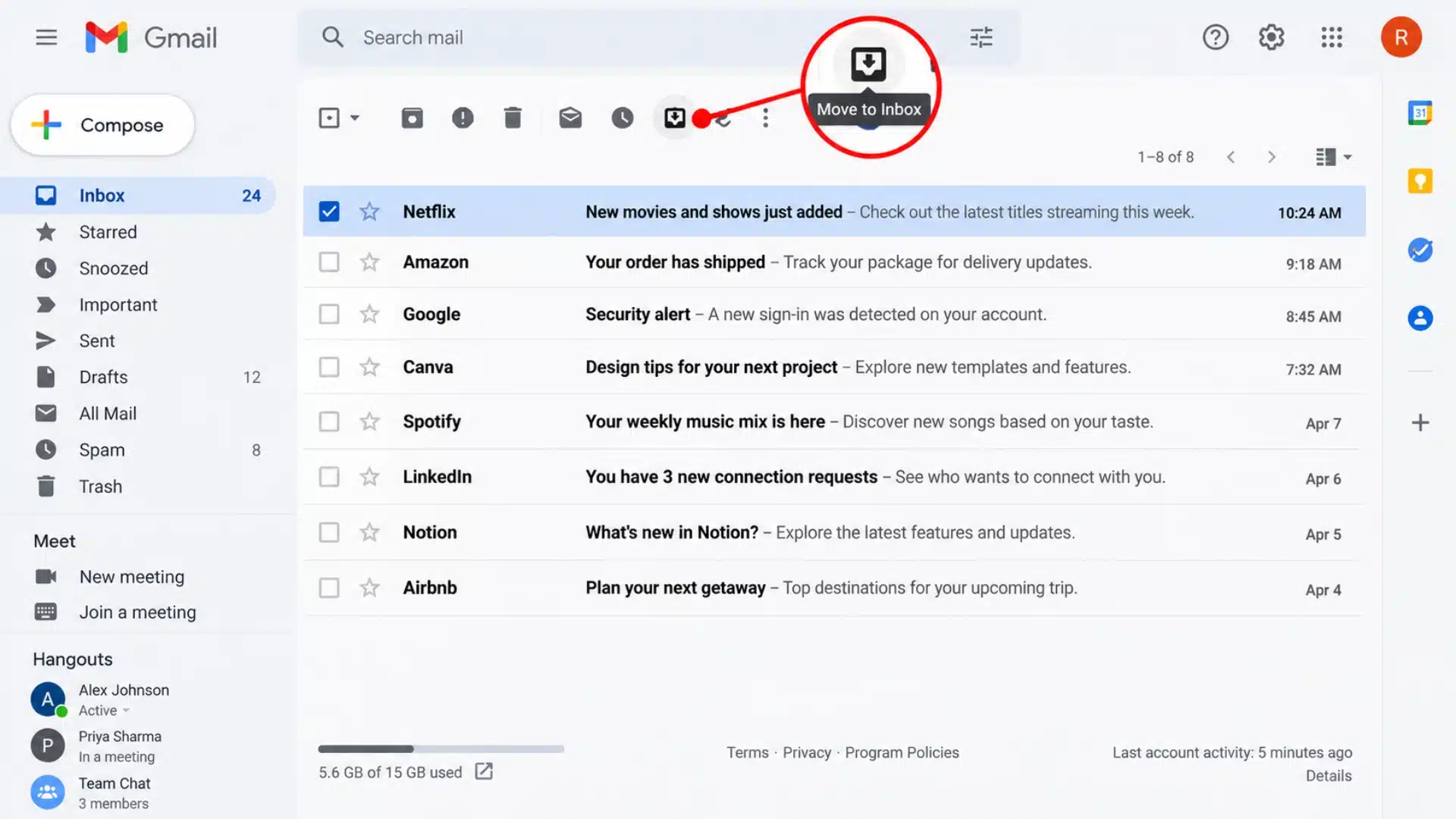 Gmail inbox showing move to inbox icon highlighted with a red circle and arrow