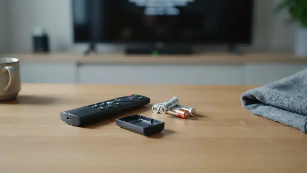 fire tv remote with worn buttons and batteries beside television showing connection troubleshooting setup