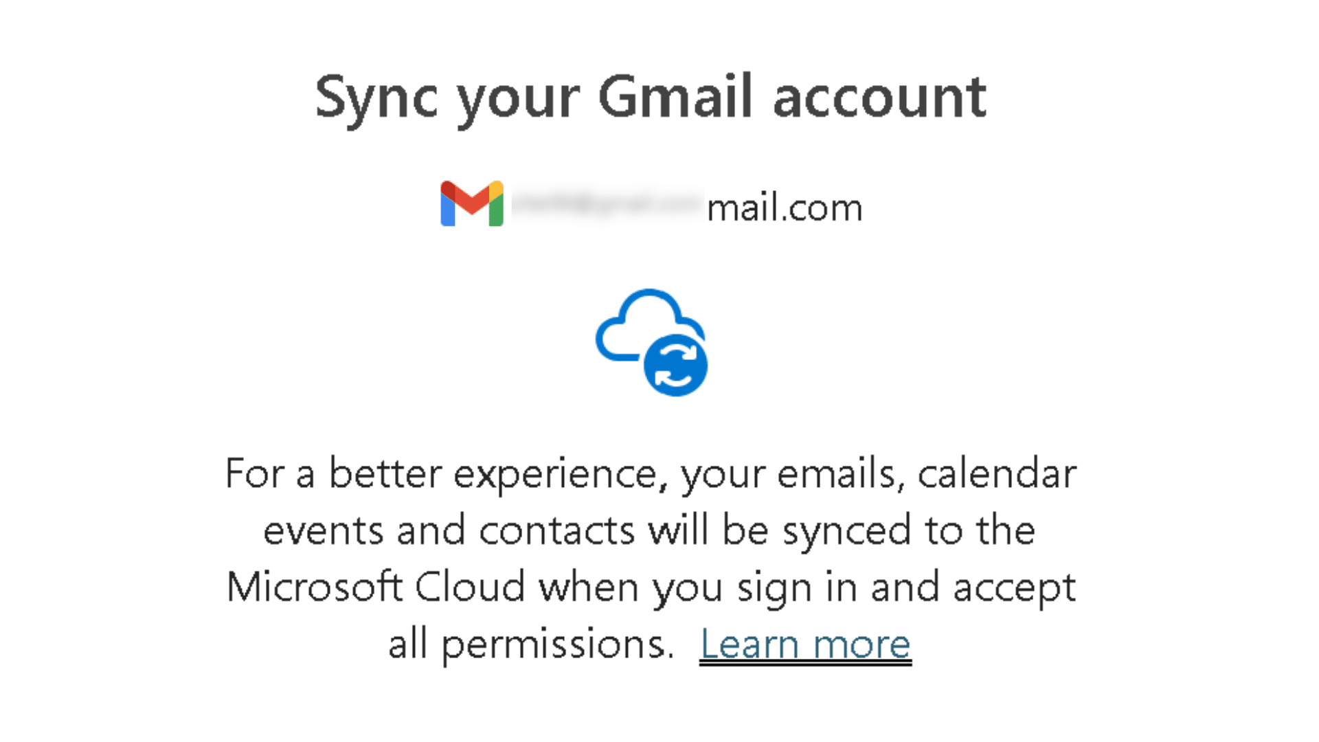 google account sync screen showing Gmail account and cloud sync icon with permission message