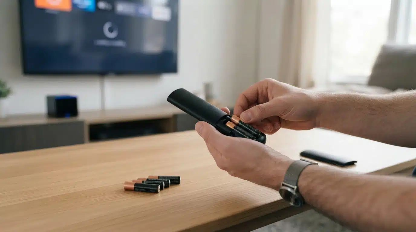 hand replacing Fire TV remote batteries while preparing for pairing setup