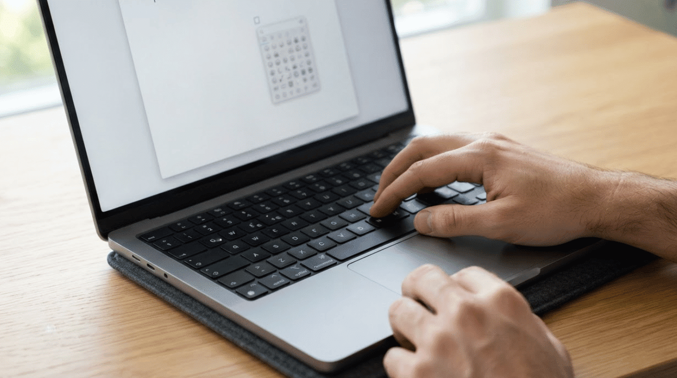 close-up of hands using a macbook keyboard while a character and emoji viewer appears softly on the screen