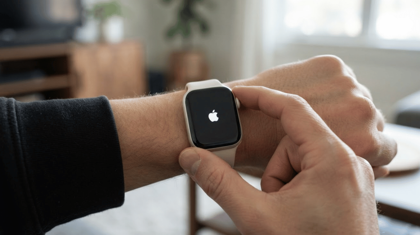 person pressing the side button and digital crown on an Apple Watch stuck on the Apple logo