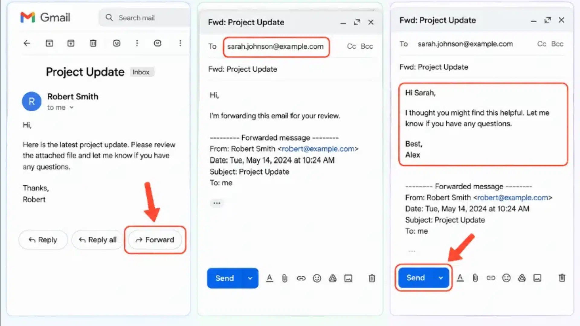 three panel Gmail tutorial showing forward button recipient field and send email steps.