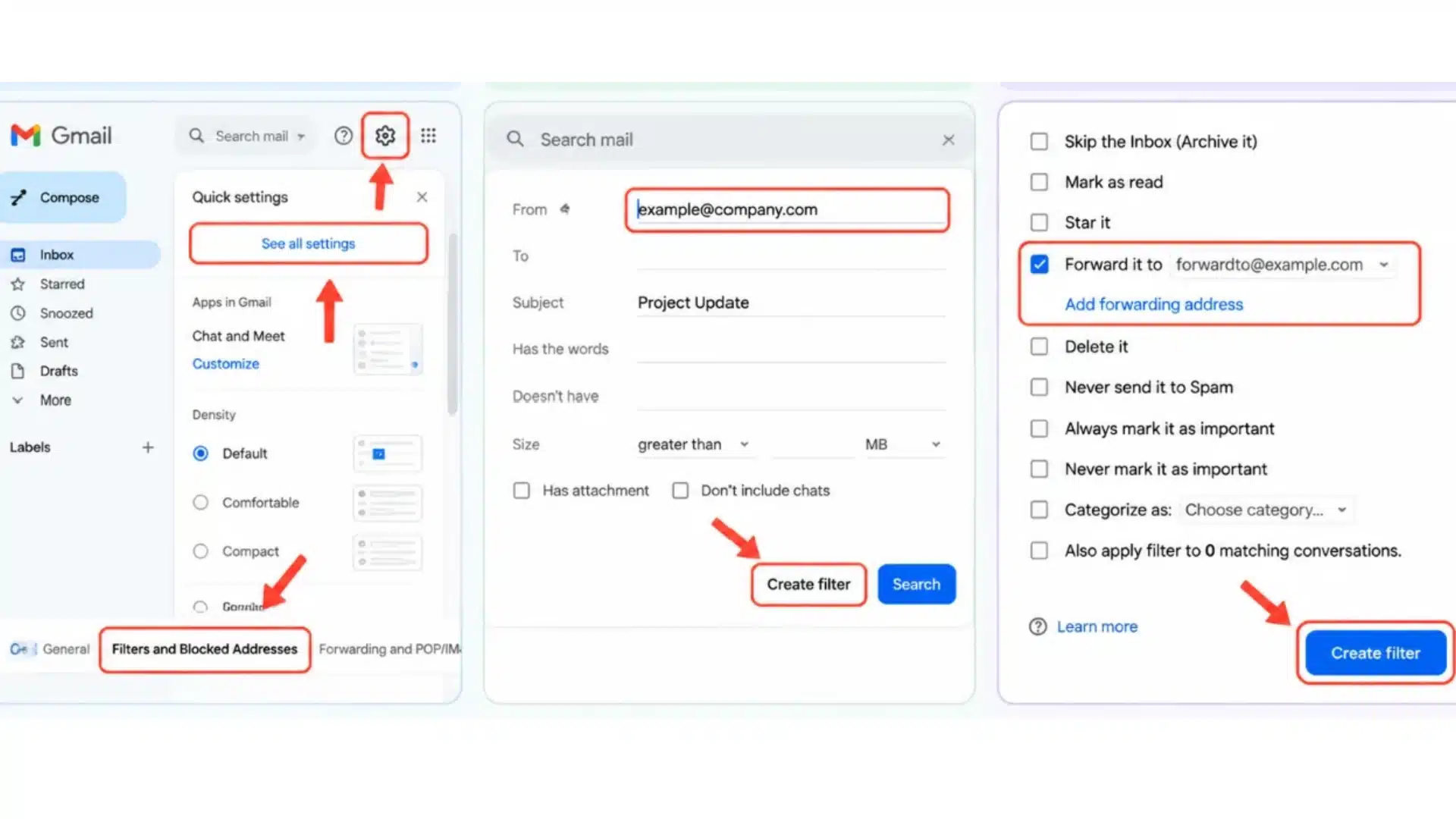 three step gmail filter setup showing settings filter conditions and forwarding selected emails automatically