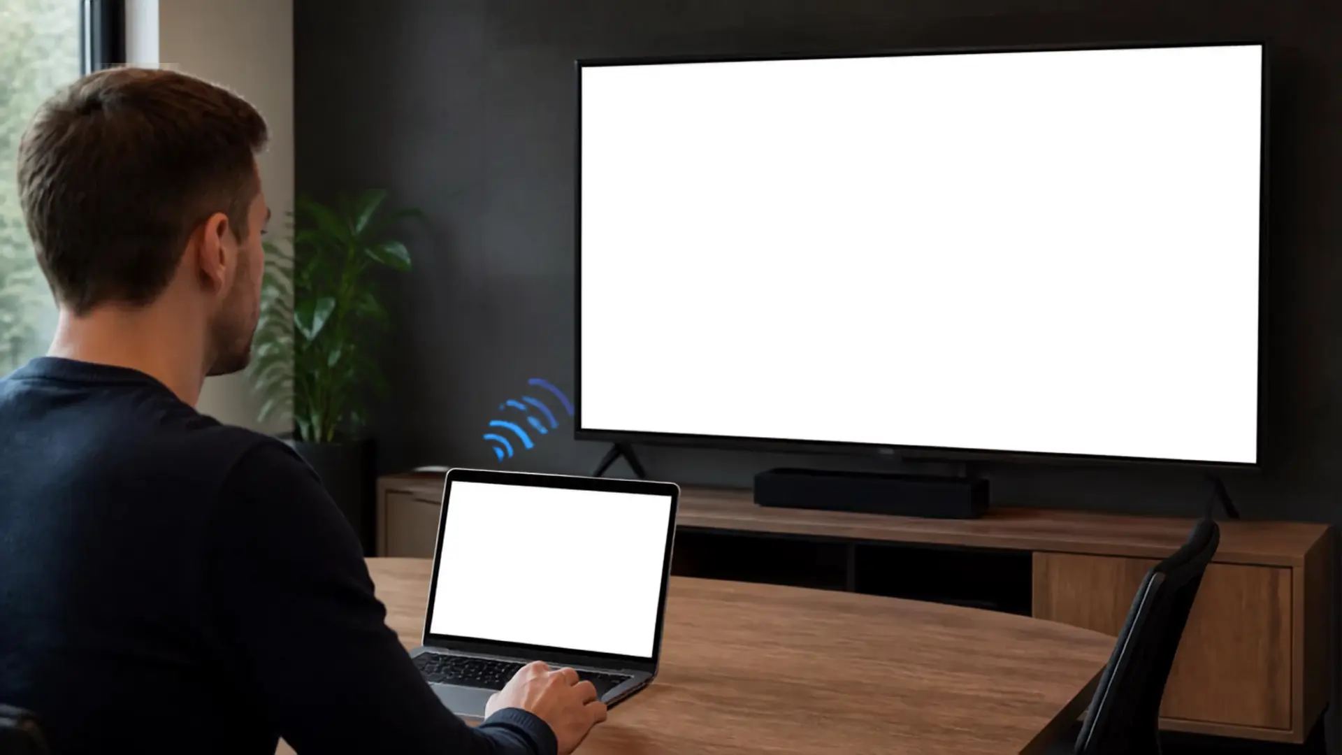 Man wirelessly streams his MacBook screen to a large wall-mounted TV with soundbar in a modern living room