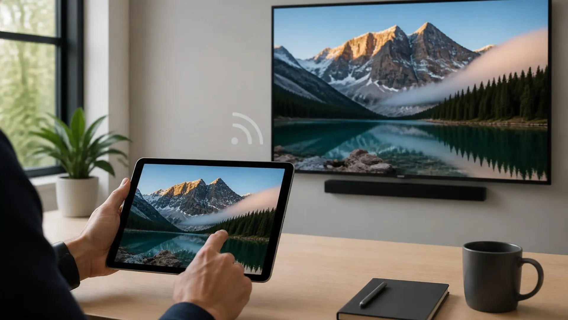 Person mirrors a mountain lake photo from an iPad to a wall-mounted TV with soundbar in a bright home office