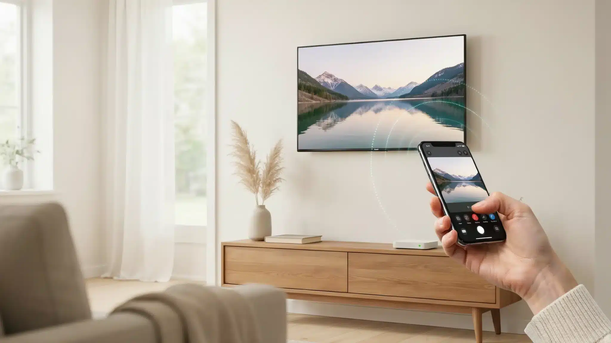 Person uses an iPhone to wirelessly mirror a mountain lake photo onto a wall-mounted smart TV in a cozy living room