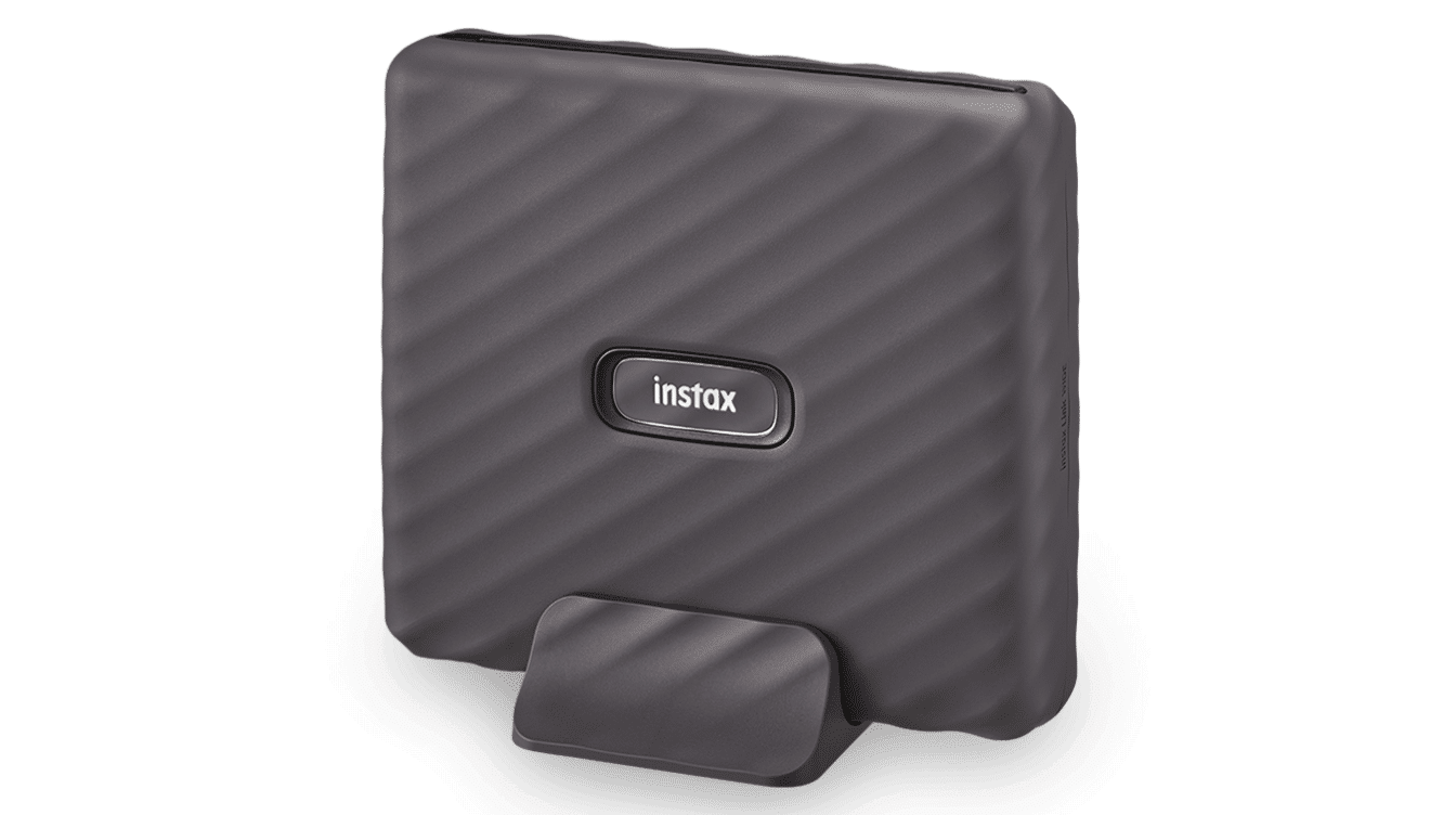 fujifilm instax link wide portable photo printer with textured black body and compact wireless design