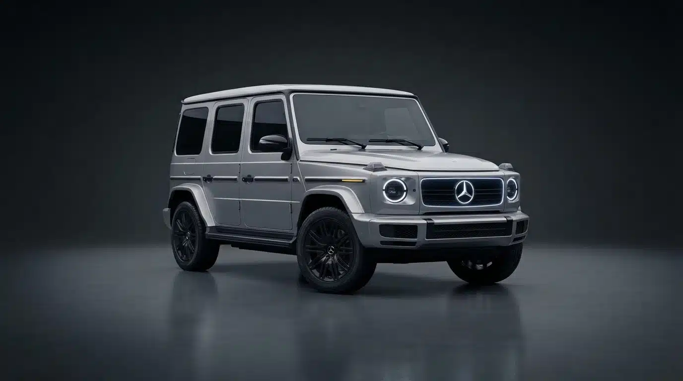 mercedes g 580 electric suv displayed in a dark studio with premium lighting and floor