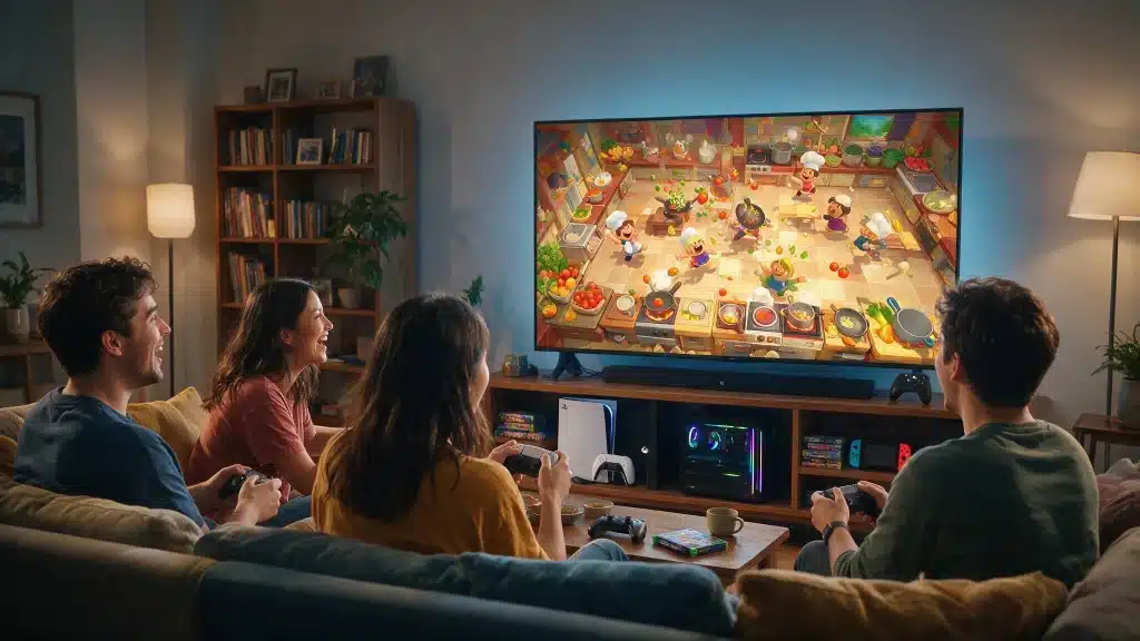 gaming setup showing four young adult friends playing a chaotic cooperative cooking game, mixed gaming devices