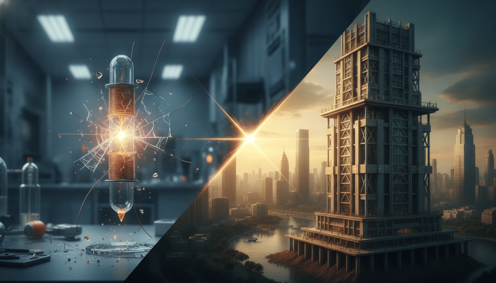 Shattered glass tube experiment emitting sparks in laboratory beside sunset-lit skyscraper by river