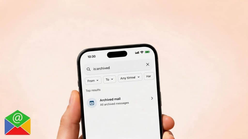 gmail app search showing archived emails on a smartphone screen with archived mail results visible