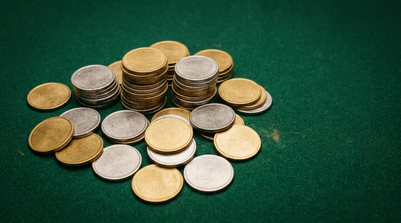 Stacks of gold and silver coins on green felt surface