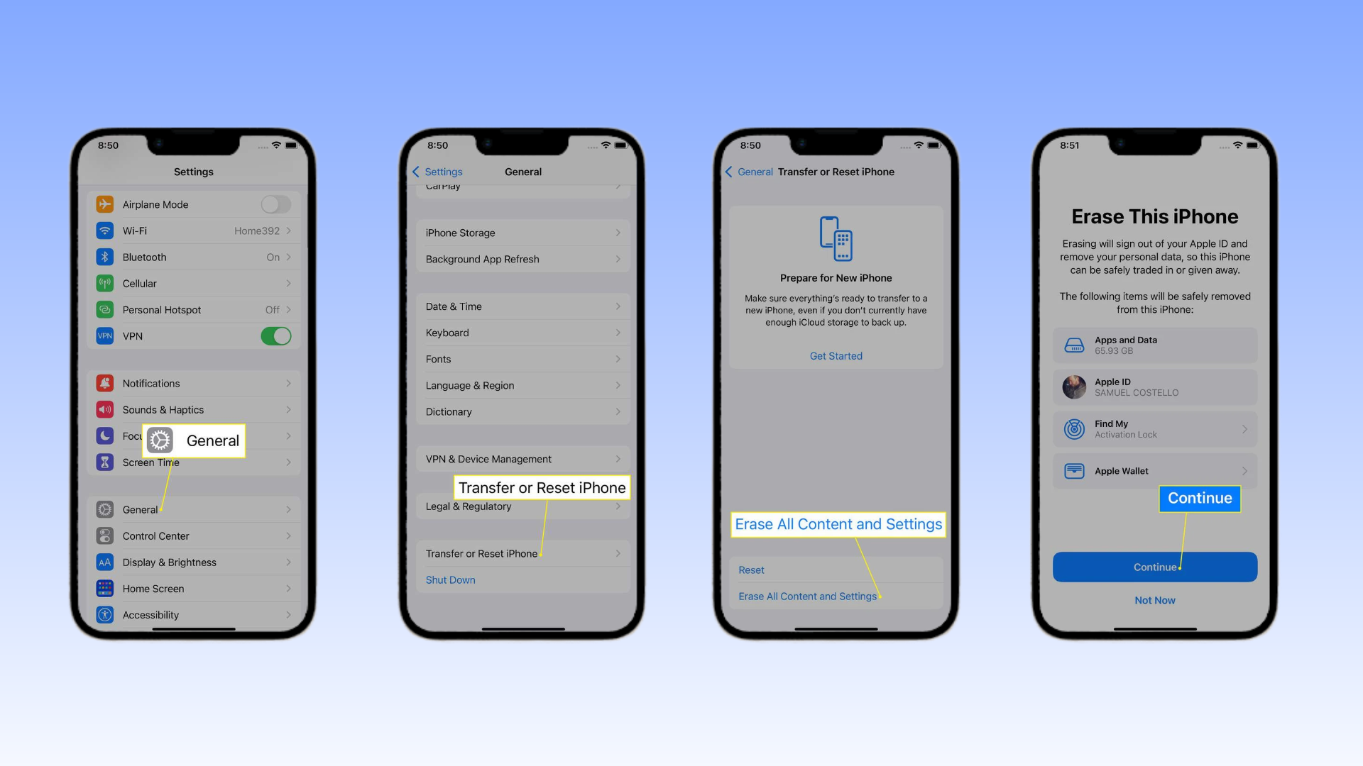 hard reset iPhone through settings showing general transfer or reset iphone and erase all content options