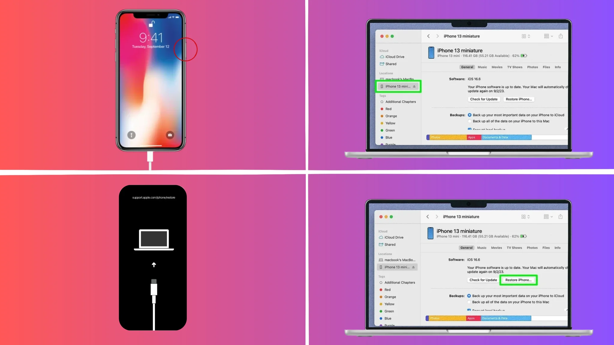iphone 13 hard reset process showing recovery mode screen and restore iphone steps on mac computer