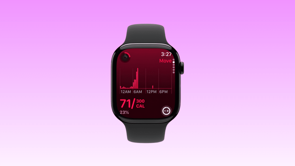 apple watch displaying activity and calorie tracking data on a black smartwatch against a pink background