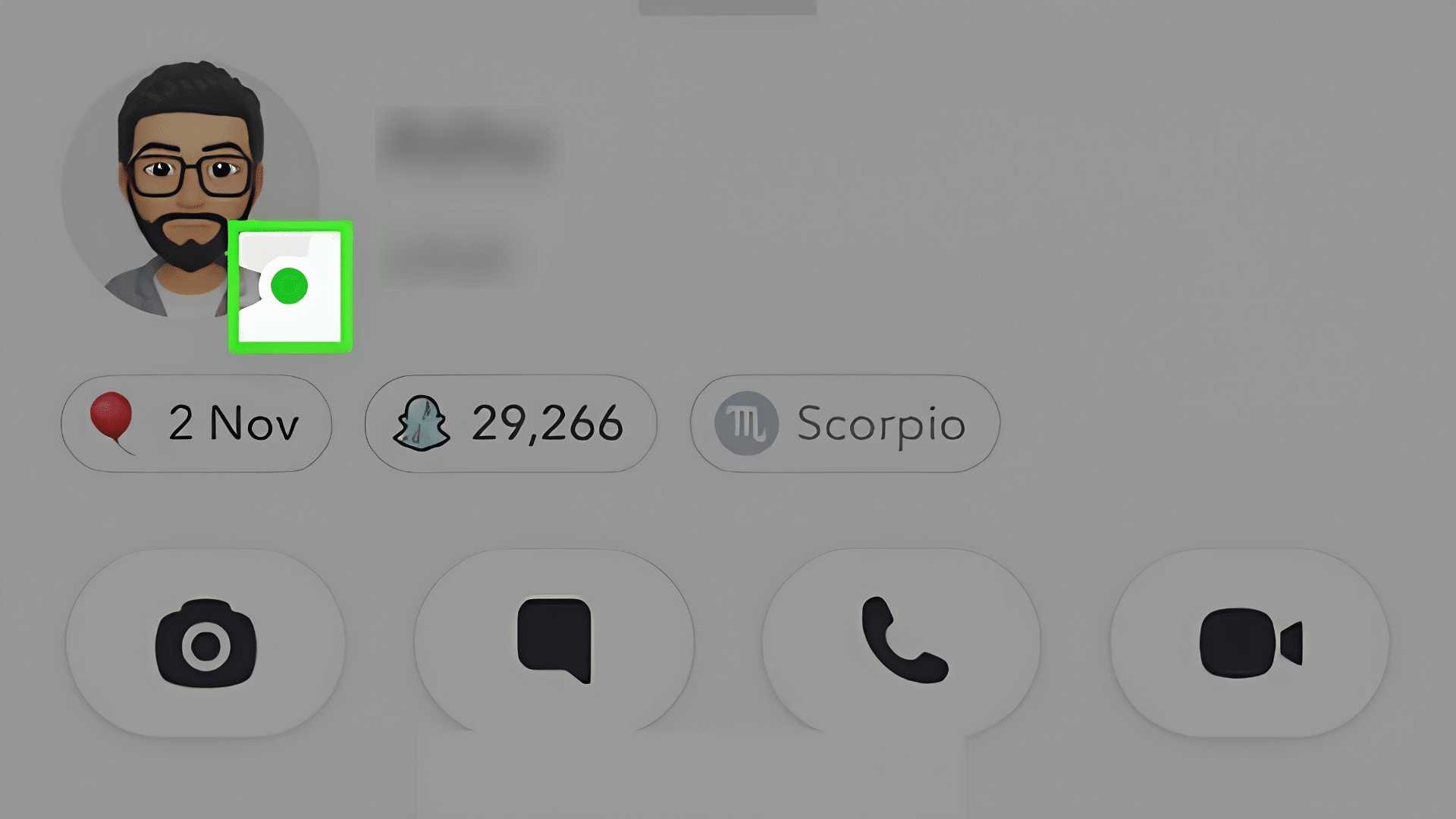snapchat profile screen showing a green activity indicator beside a user
