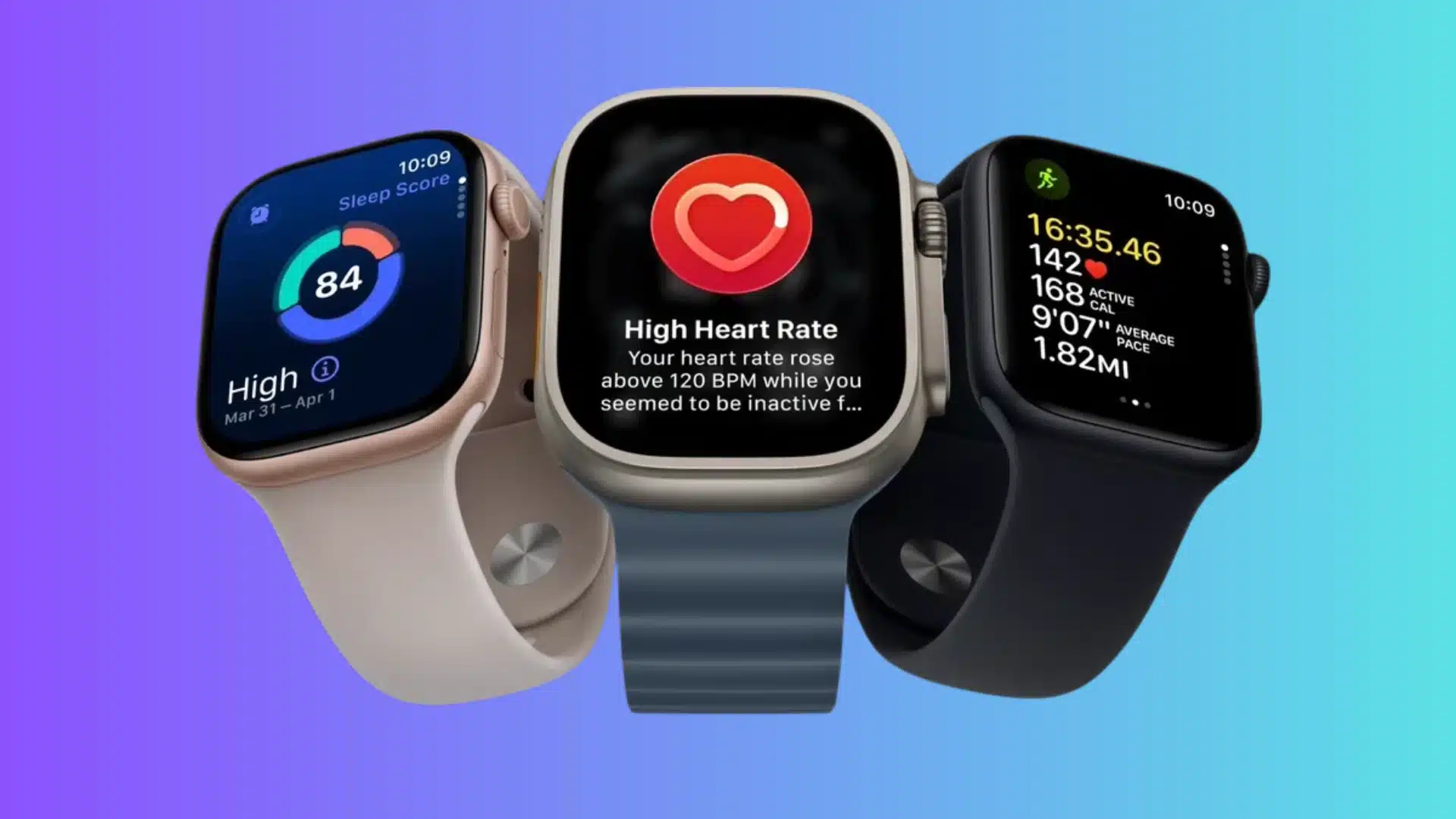 three apple watches displaying sleep score, high heart rate alert, and running workout metrics on colorful background