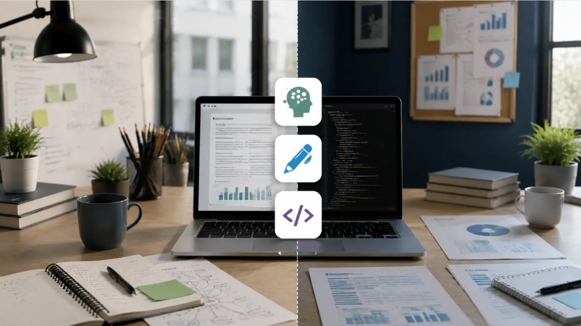 realistic office workspace showing ai task comparison with laptop documents coding screen and productivity tools on a modern desk