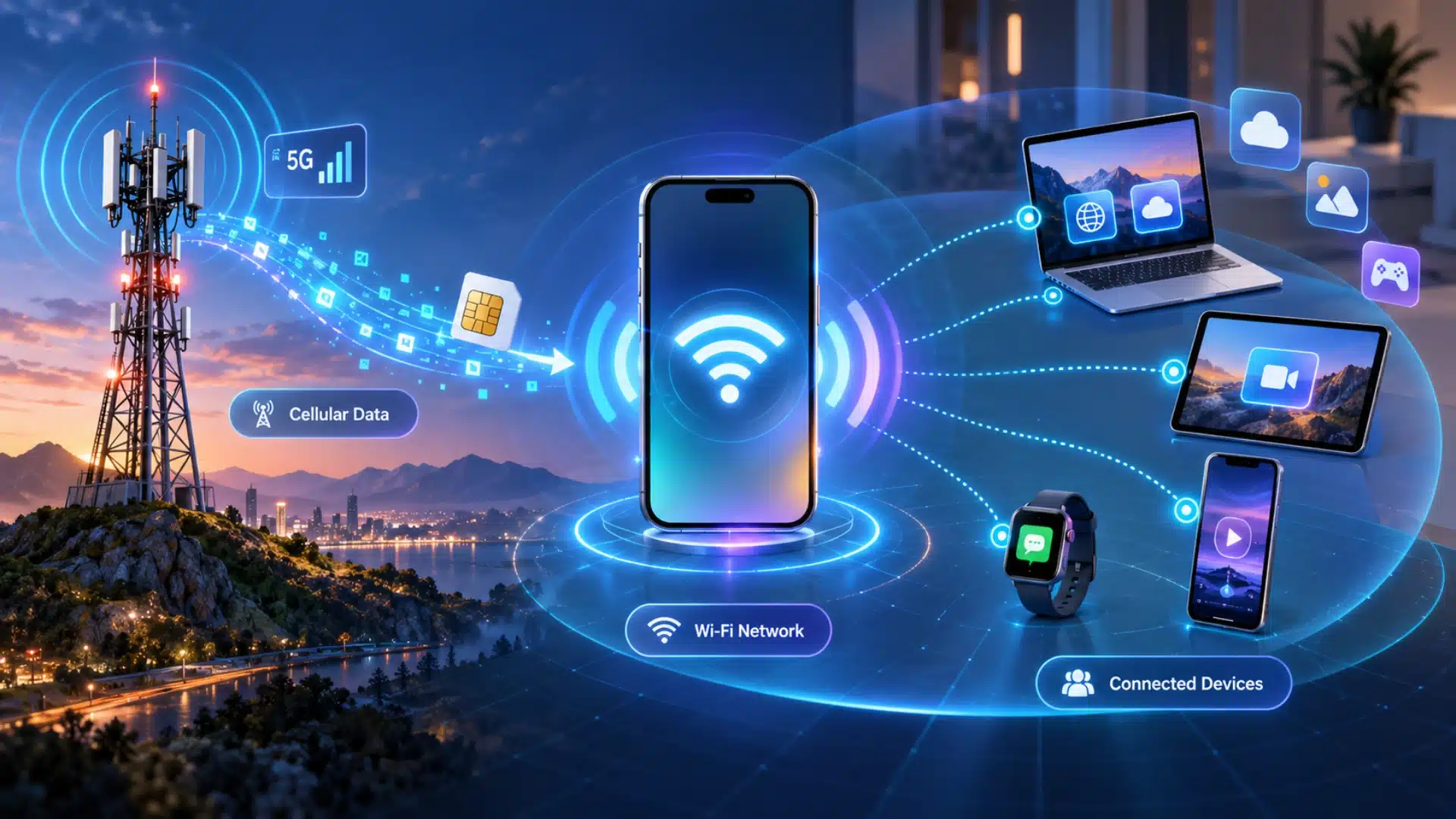 Mobile hotspot showing smartphone sharing cellular data with laptops, tablets, and connected devices over a Wi-Fi network