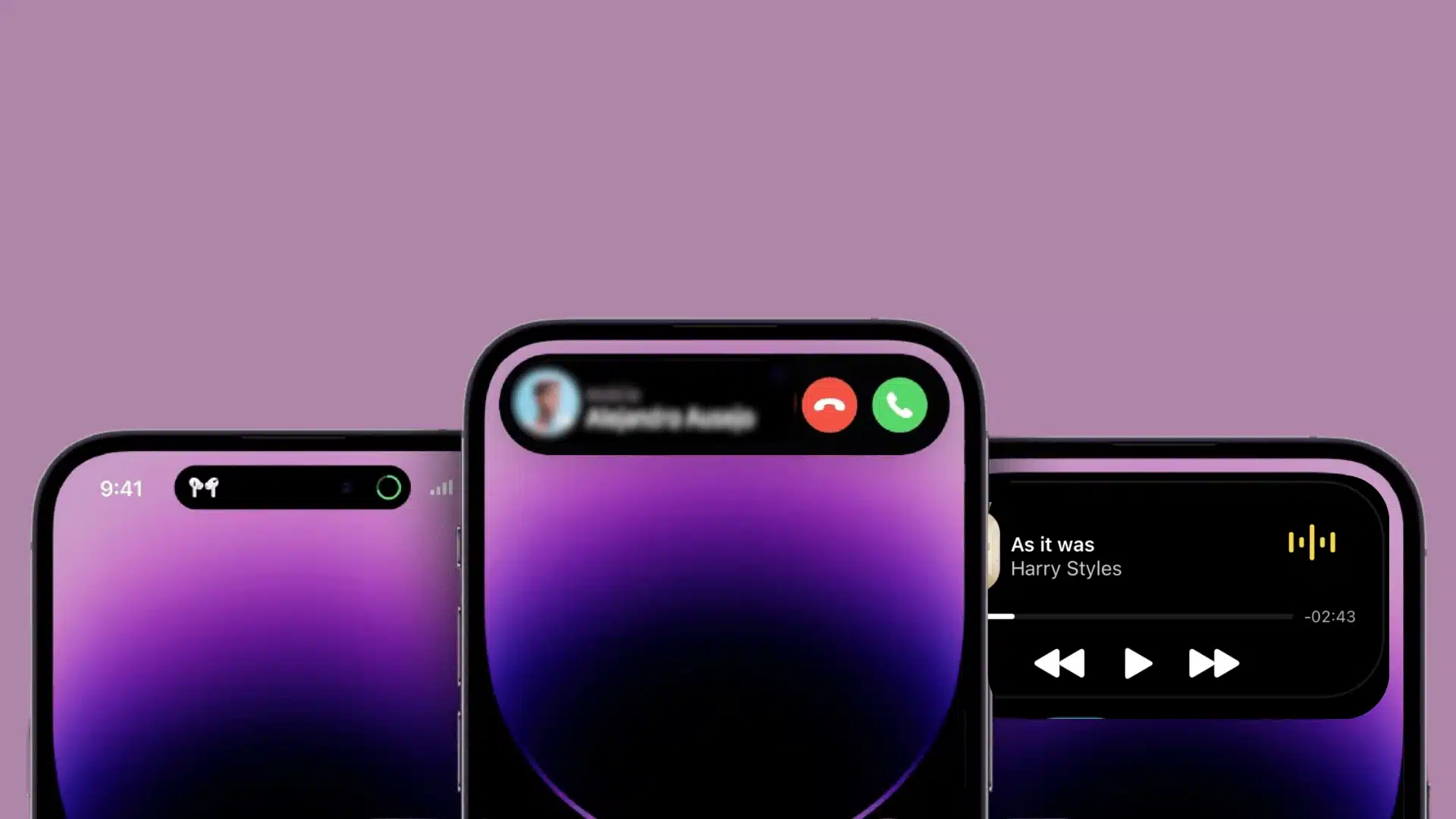 three iphones demonstrating dynamic island controls for earbuds, phone calls, and music playback