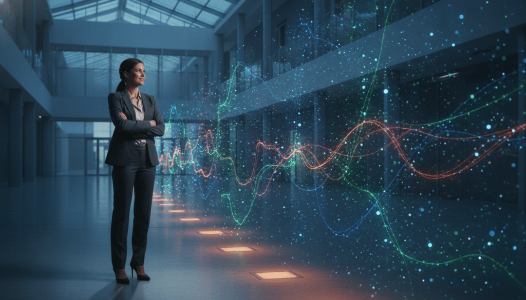 Businesswoman in modern office observing colorful digital data visualization display