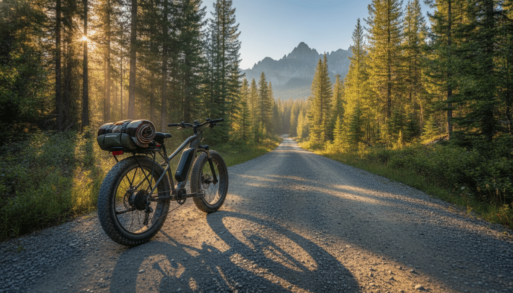 Electric bike on gravel road in lush forest with mountain backdrop and morning light