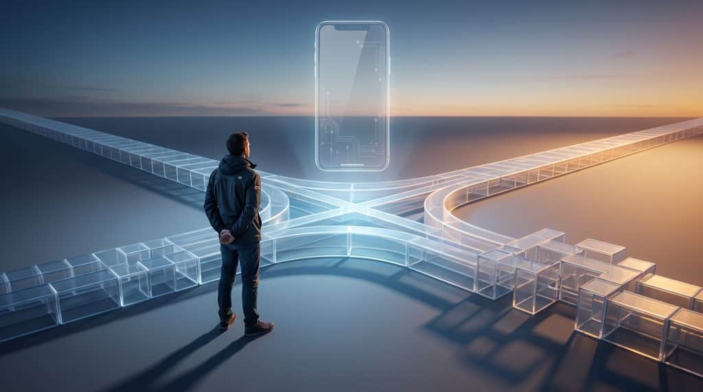 Man observing holographic smartphone over futuristic illuminated pathways at sunset
