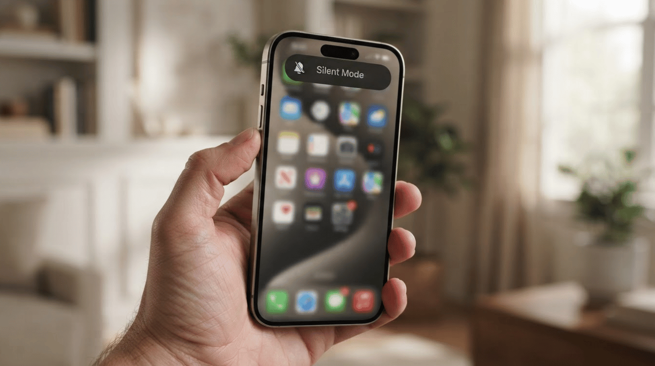 hand holding an iPhone displaying a clear silent mode confirmation banner with a muted bell icon.