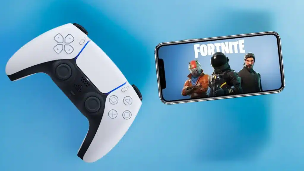 ps5 dualsense controller connected to iphone showing fortnite gameplay on mobile screen