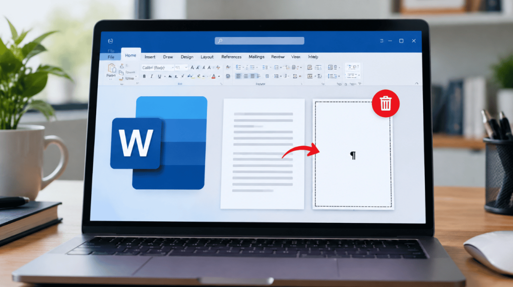 laptop screen displaying microsoft word page deletion tutorial with word logo and unwanted blank page being removed from a document