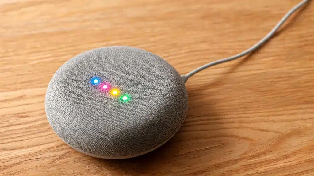 google home mini first generation with multicolor indicator lights resting on a wooden table