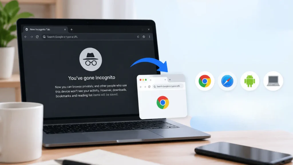 Laptop showing Chrome Incognito mode with icons for Chrome, Safari, Android, and desktop devices representing browser settings.