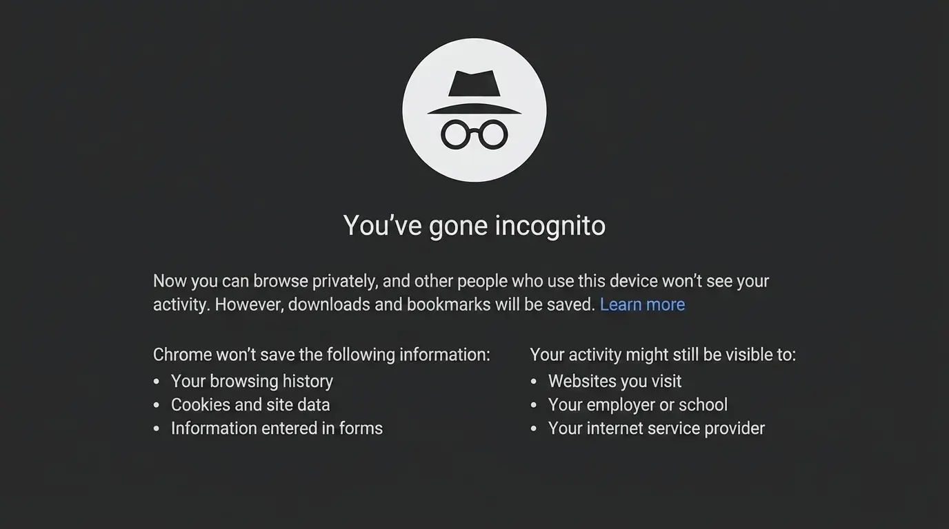 Chrome's Incognito mode screen explaining what data stays private and who can still see your browsing activity