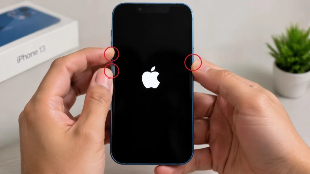 hands holding iphone 13 showing apple logo during hard reset process with highlighted side buttons