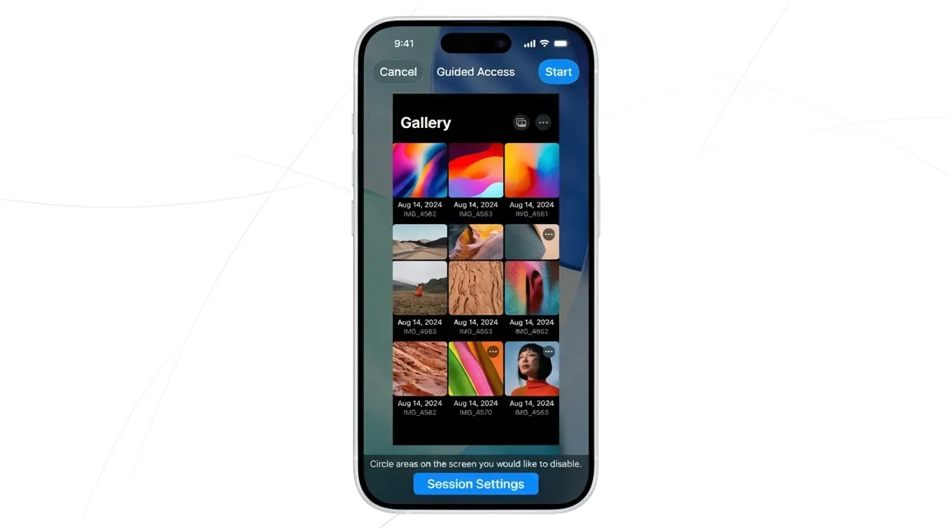 iPhone Guided Access screen locking a photo gallery app, with Session Settings and Start options visible