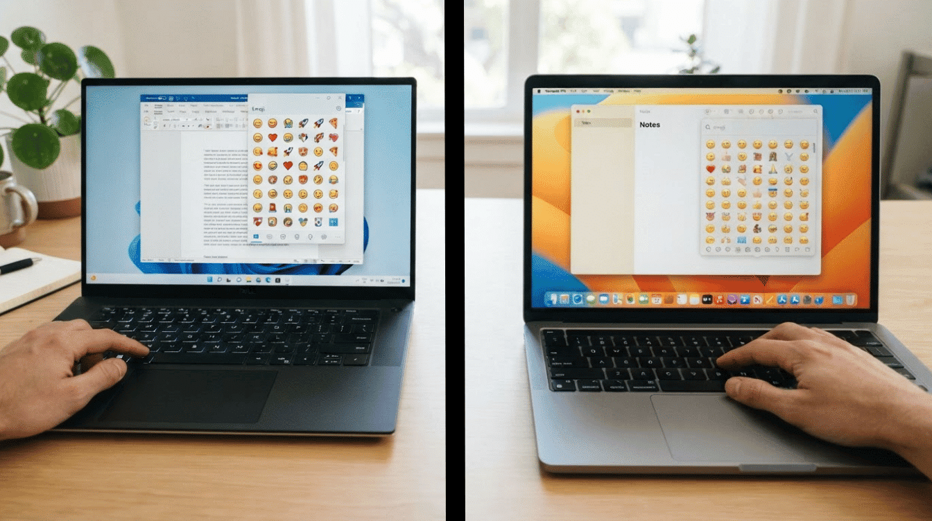 side-by-side Windows and Mac laptops display open emoji panels while hands rest on each computer keyboard
