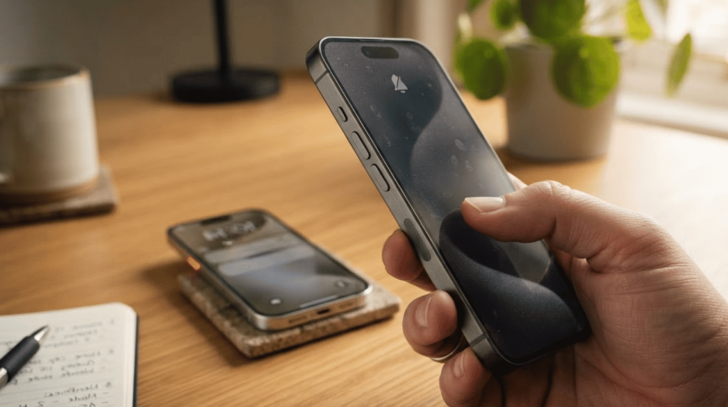 hand holding an iPhone in Silent Mode with a muted bell icon while another phone rests on the desk.