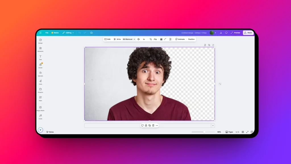 canva workspace showing a person cutout after background removal with transparent background preview