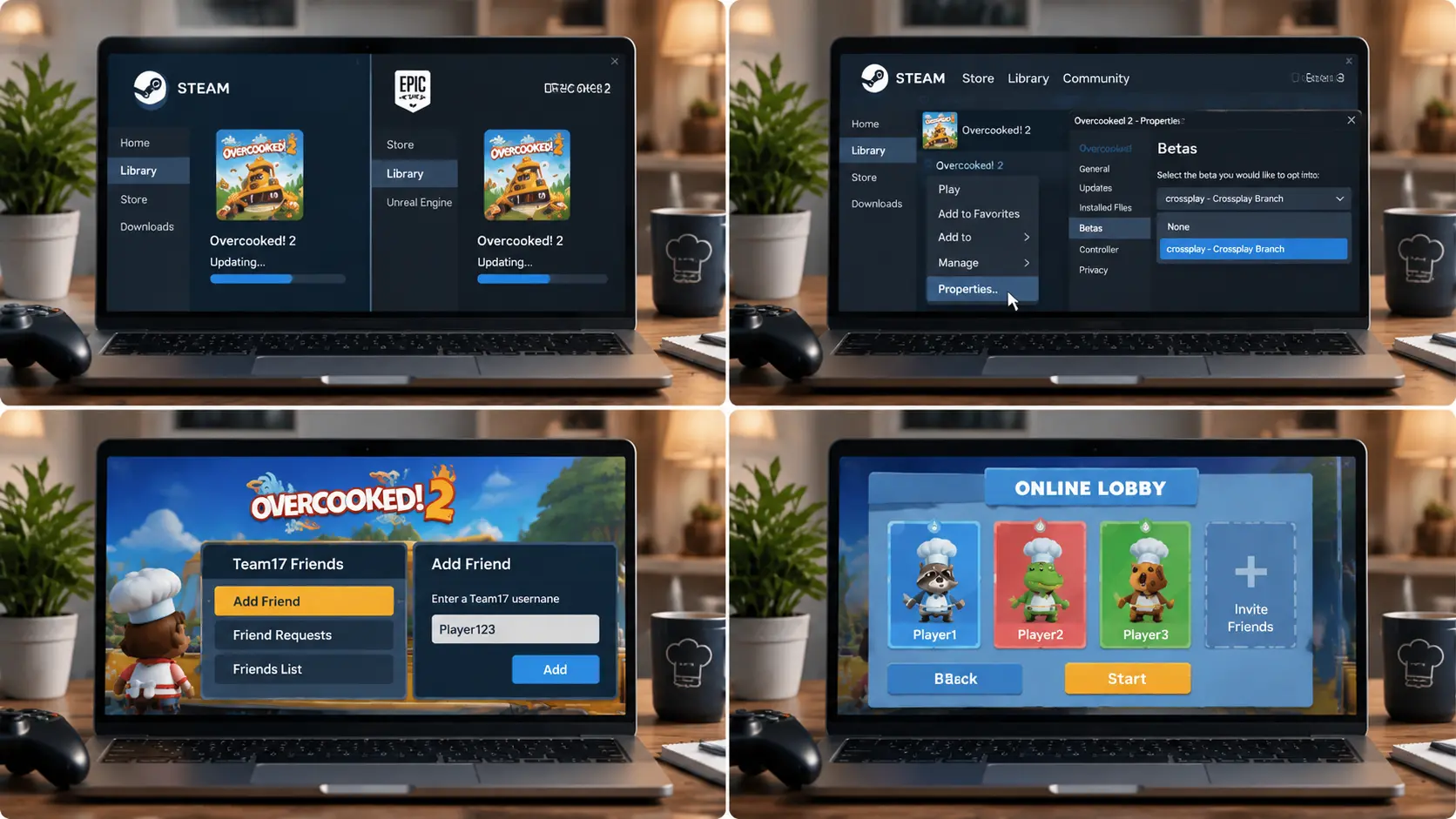 four panel showing all the steps of the procedure to connect pc to different consoles.